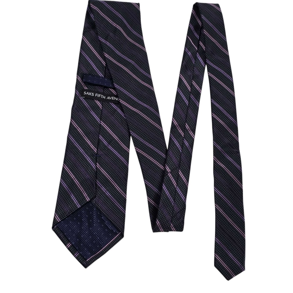 Saks Fifth Avenue Striped Silk Tie Purple Black Classic Necktie Men's Designer